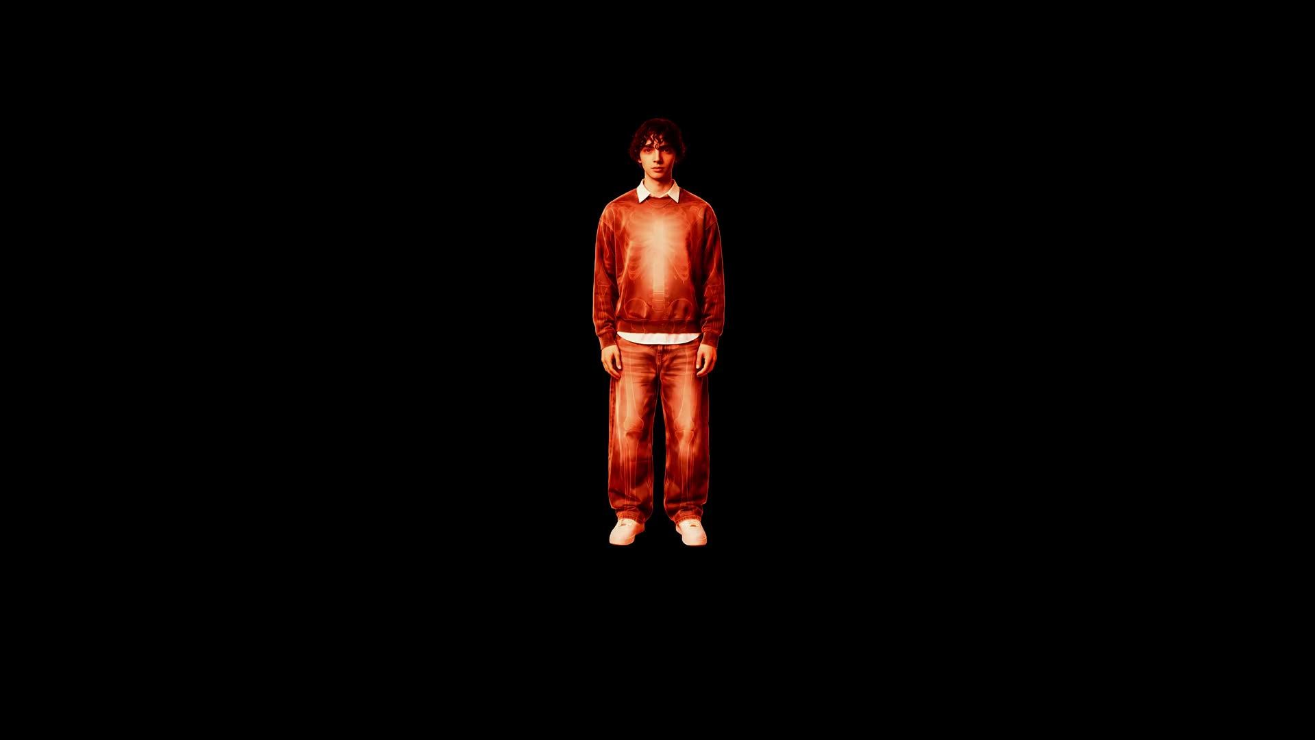 Dave rendered as a translucent orange holographic scan, standing still and facing the camera.