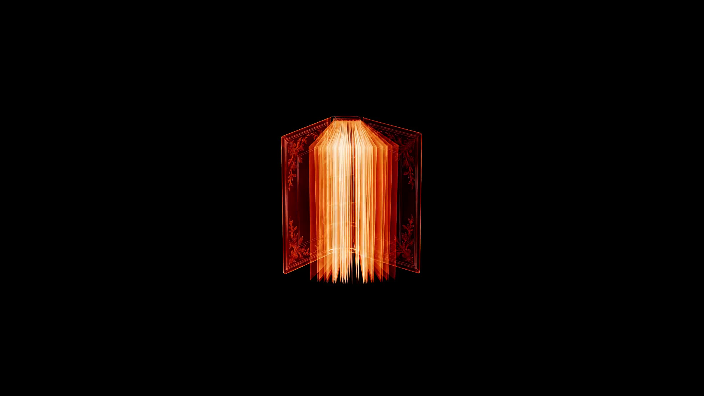 A translucent orange holographic book, its engraved covers open and its thin pages glowing, floating in darkness.